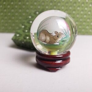 Vintage Chinese Inside Painted Glass Ball Zodiac Rat Mouse Figurine Wood Stand